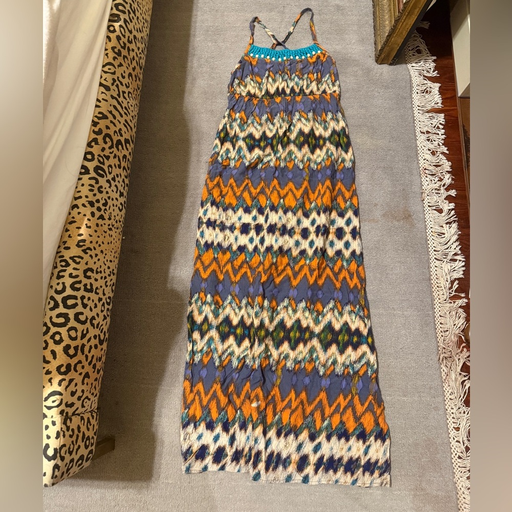 Multicolor Chevron Maxi Dress Women’s Size M Orange & Blue Summer